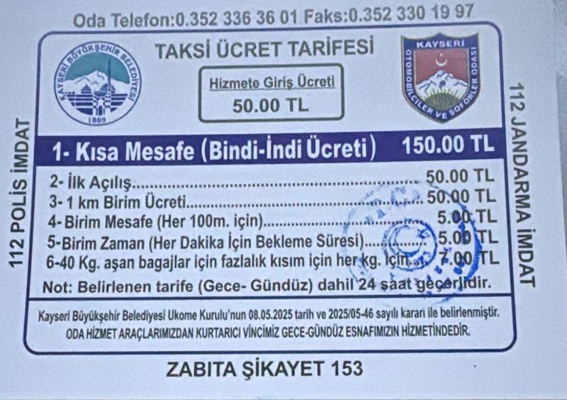 Kayseri Erkilet  Havalimanı taksi ücret tarifesi